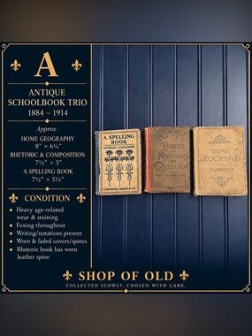 Antique Schoolbook Trio | 1884–1914 | Rhetoric, Spelling & Geography